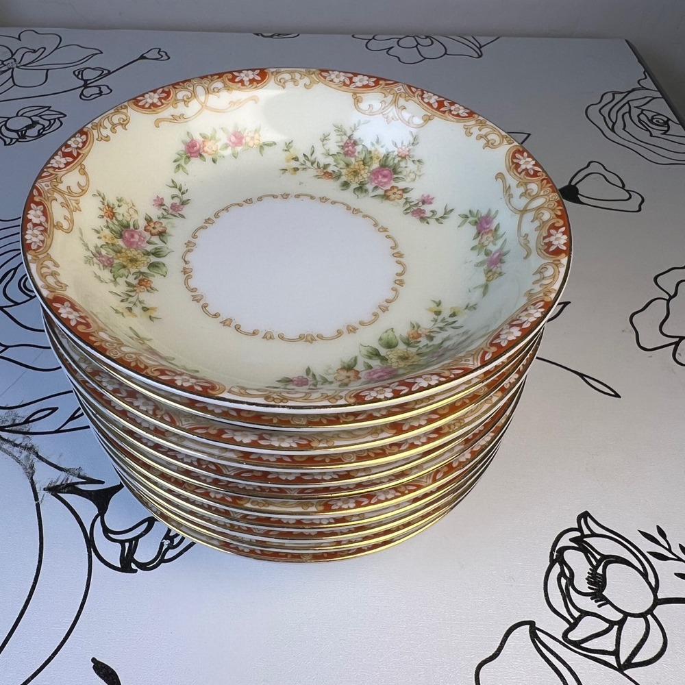 Vintage Noritake Japan Floral berry Bowls Set of 11 Gold Rim Cream Rust 5"